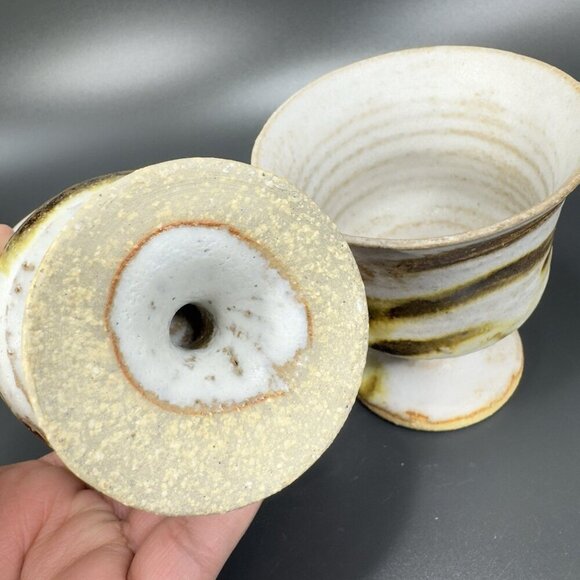 Vintage Hand Made Stoneware Pottery Footed Cups Goblets Set 4 Drip Glaze Cups - Picture 7 of 15